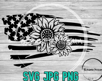 American Flag Sunflowers SVG JPG PNG | American Flowers svg | Distressed American Flag | Vector Cut File | Cricut File | Silhouette File