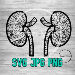 Puede incluir: Ilustración en blanco y negro de línea de arte de dos riñones con intrincados patrones. La imagen incluye el texto "SVG JPG PNG" y "Blended Asylum".