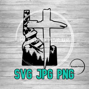 May include: Black and white graphic design featuring a cross shape with a mountain and forest silhouette. The text "SVG JPG PNG" is displayed in teal. The design includes the text "Blended Asylum" in a circle.