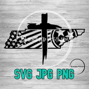 May include: Black and white graphic featuring the outline of Tennessee with a cross overlay. The design incorporates the American flag and a soccer ball. The text "SVG JPG PNG" is displayed in teal at the bottom.