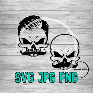 May include: Two black and white skull illustrations with mustaches. The skull on the left has a hairstyle. The text "SVG JPG PNG" is at the bottom of the image.