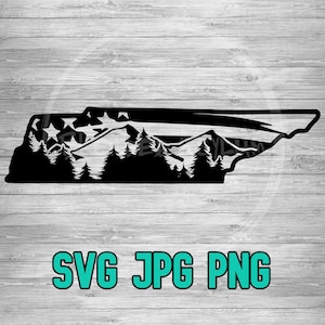 Könnte beinhalten: Schwarz-weiße Silhouette des Bundesstaates Tennessee mit Bergen und Bäumen innerhalb der Umrisse. Die Berge haben Sterne auf der Spitze. Der Text "SVG JPG PNG" befindet sich am unteren Rand des Bildes.