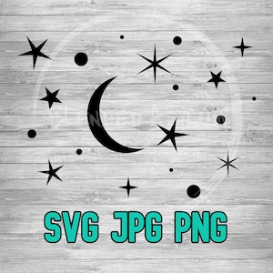 May include: Black and white crescent moon with a scattering of stars and small circles on a gray woodgrain background. The text "SVG JPG PNG" is at the bottom of the image.