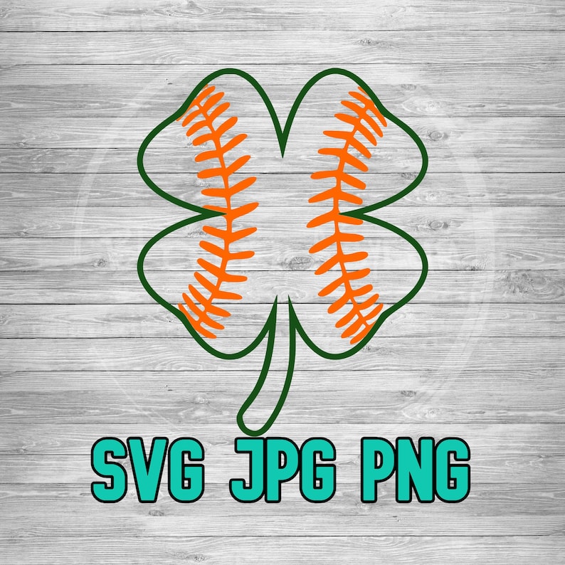 May include: A green four-leaf clover with orange baseball stitching. The text "SVG JPG PNG" is below the clover.