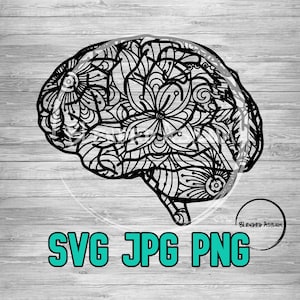 Może przedstawiać: Czarno-biały wzór mózgu z kwiatowymi wzorami, oznaczony napisem "SVG JPG PNG" w kolorze turkusowym. Szczegółowa grafika mózgu nadaje się do sztuki cyfrowej lub rzemiosła. Tło to jasnoszary wzór słojów drewna.