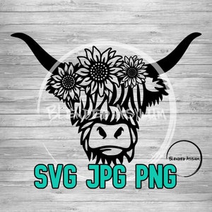 Highland Cow Sunflowers SVG JPG PNG | Cow Flower Crown | Farmhouse svg | Farm svg | Long-haired Cow | Scottish Cow | Cricut Cut File