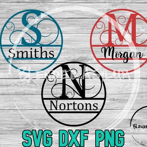 May include: Three round monogram designs with a decorative flourish and a name below. The designs are in black, teal, and red.