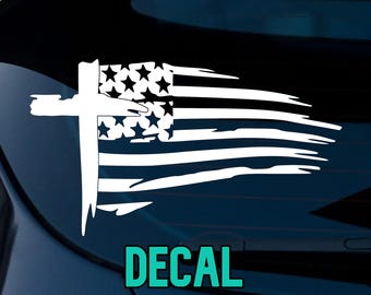 Cross American Flag 002 Decal | One Nation Under God | Jesus Distressed Flag | Window Decal | Truck Car Outdoor Decal | Tumbler Decal