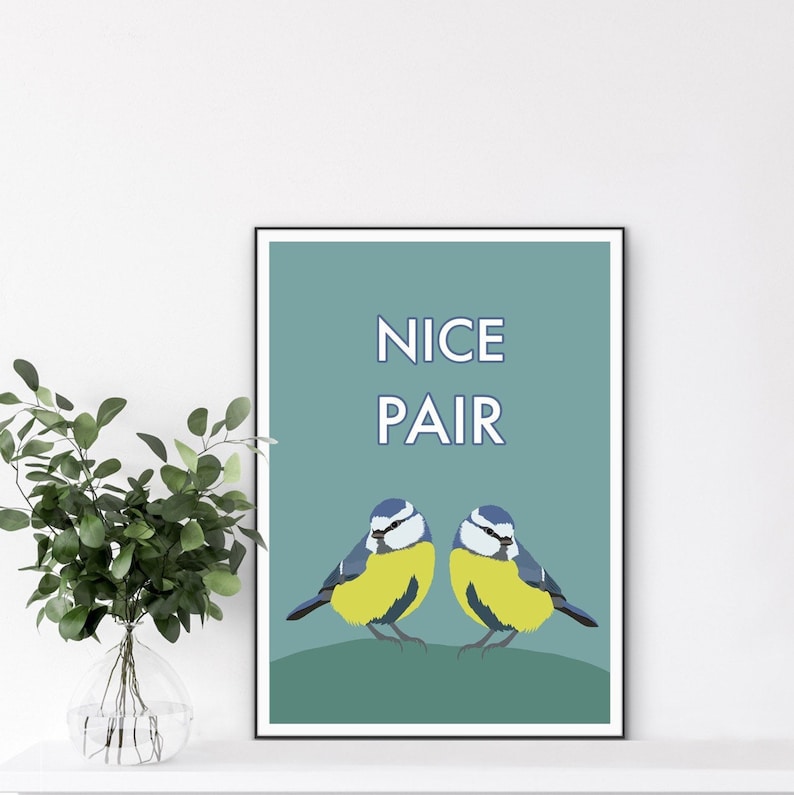May include: A teal blue poster with the text "NICE PAIR" in white. Two blue and yellow birds are perched on a green branch.