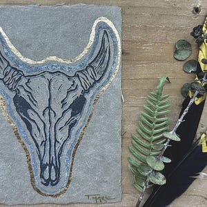 Gold Leaf, Skull Print, Linocut, Textured Art, Boho Decor, Gold Art, Desert Art, Skull and Horns, Original Art, Original Print, Wall Art