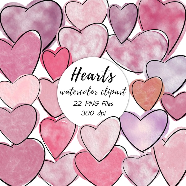 22 Watercolor Hearts Clipart, Delicate pink hearts in soft pastel colors, Watercolor valentine's clipart, digital LOVE, Instant download png