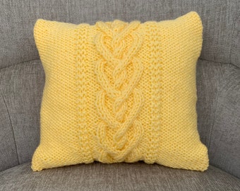 Knit 10” Square Yellow Accent Pillow Cover Cable