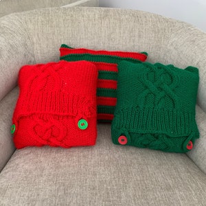 Knit Christmas Accent Pillow Set Red Green Stripes