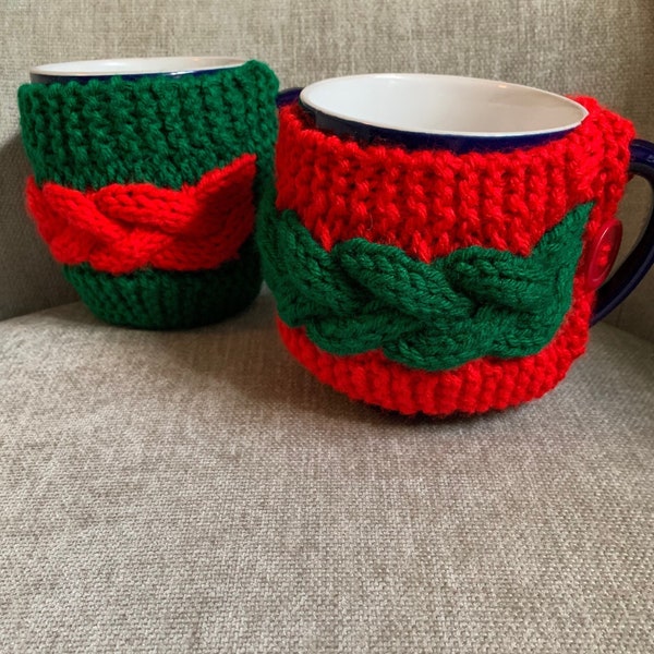 Knit Christmas Coffee Mug Cozy Green Red