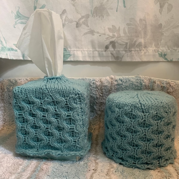 Knit Tissue Box and Toilet Paper Set Honeycomb Cable Teal Green Cube Cover Toilet Paper Cozy Bathroom Decor