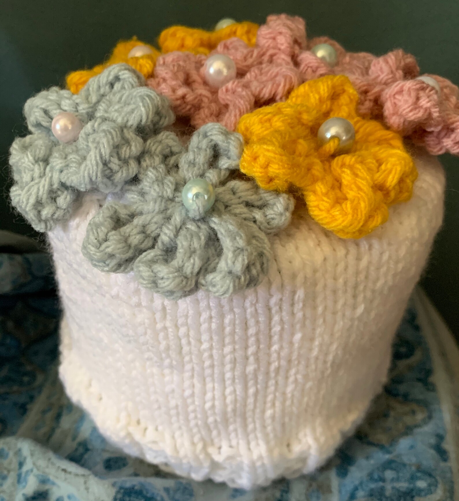 Knit Toilet Roll Cover Toilet Roll Cozy With Colorful Flowers Etsy