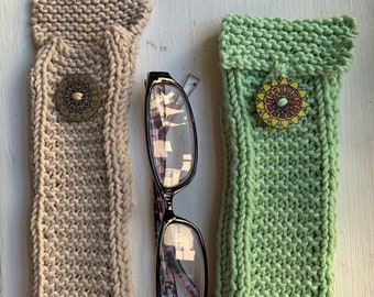 Handknit Eyeglass Case Readers Button Knit Case for Eyeglasses Beige Green Cotton