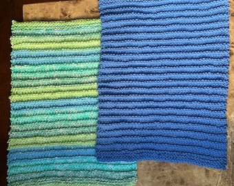 Knit Placemats Set of Four Blue, or Blue and Green Cotton Table Settings Textured