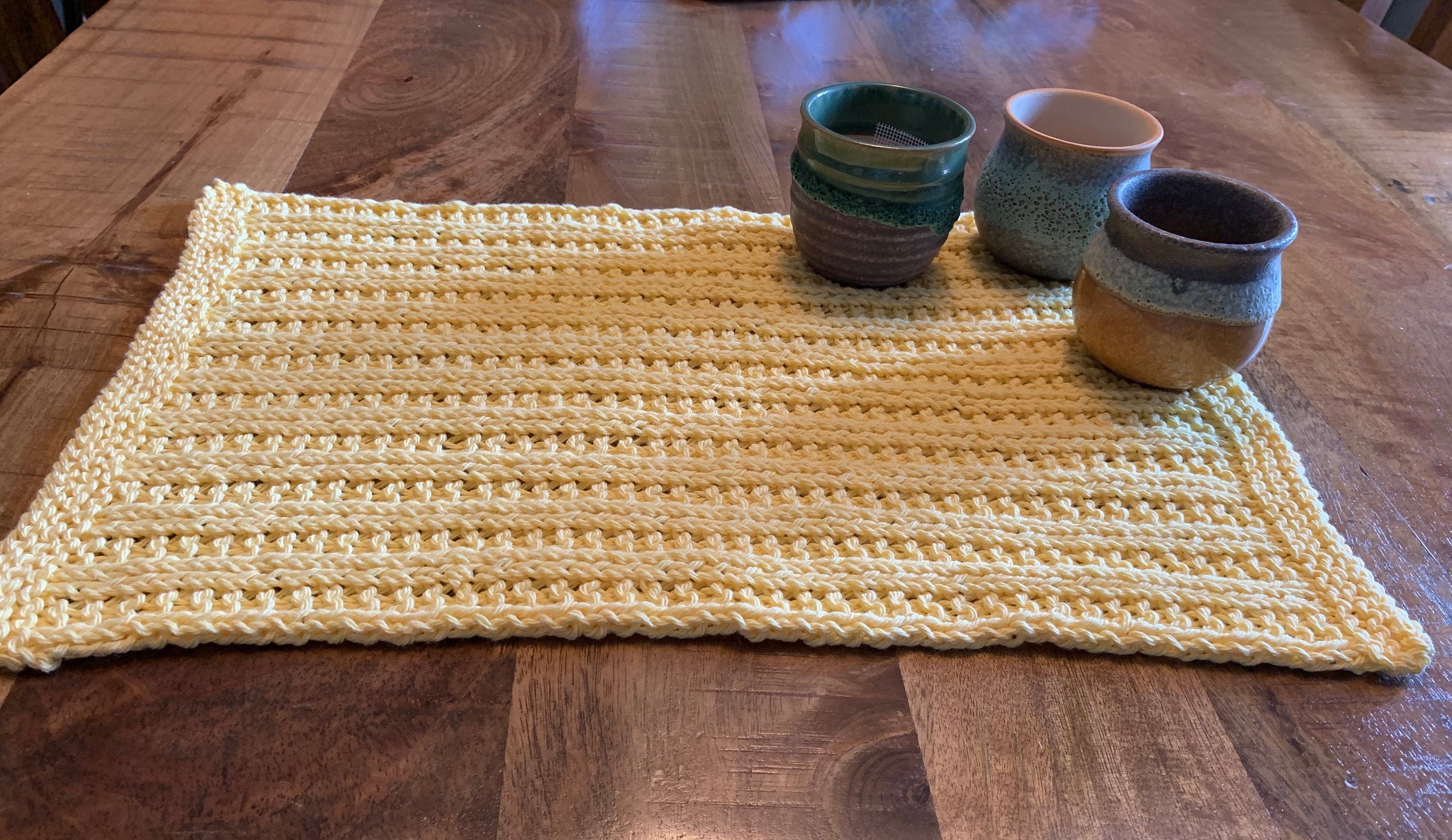 Knit Placemats Set of Four Yellow Blue Textured Pattern Cotton Table Settings
