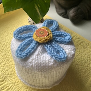Knit Toilet Paper Roll Cover with a Flower on top Floral Toilet Paper Roll Cozy Single Blue Flower