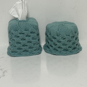 Scatola di fazzoletti lavorati a maglia e set di carta igienica, cavo a nido d'ape, coperchio cubo verde acqua, carta igienica, arredamento accogliente per il bagno