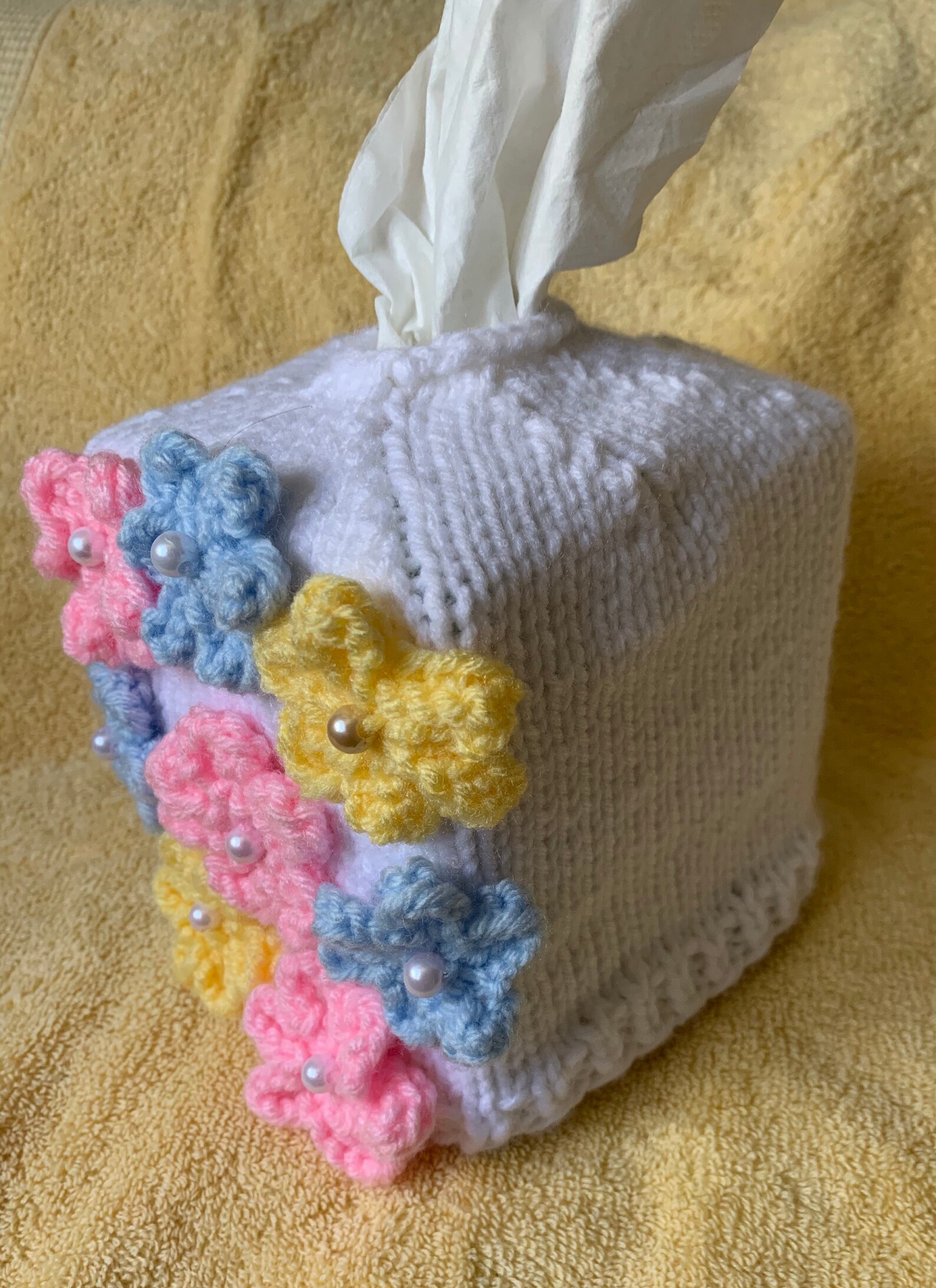 Knit Tissue Box Cover With Pastel Flowers on a White Base Etsy