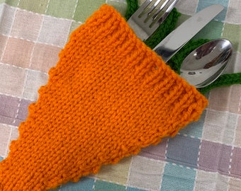 Knit Set of 2 Easter Carrot Table Decoration Silverware Sleeves Candy Pouches Cutlery Holder Place Setting