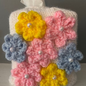 Knit Tissue Box Cover with Pastel Flowers on a White Base Yellow Blue Pink