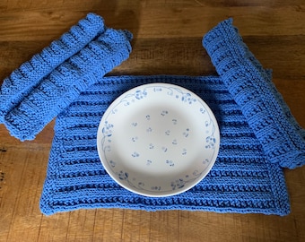 Knit Placemats Set of Four Blue Cotton Table Settings Textured