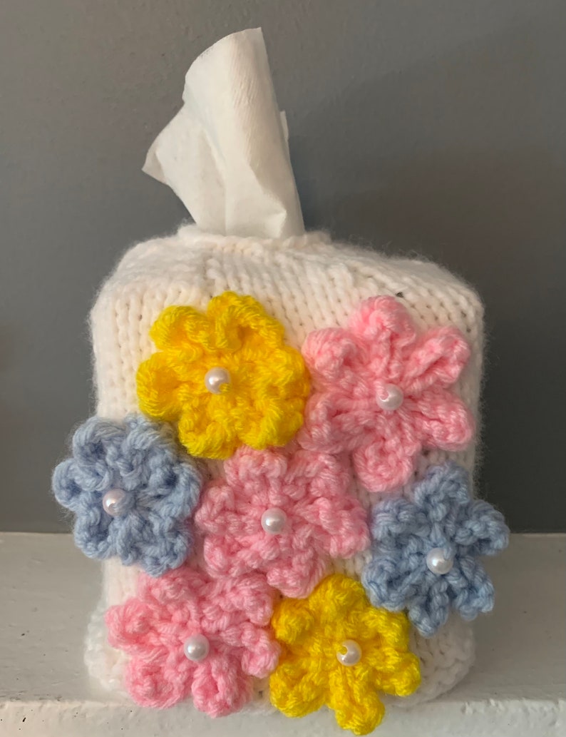 Knit Tissue Box Cover With Pastel Flowers on a White Base Etsy