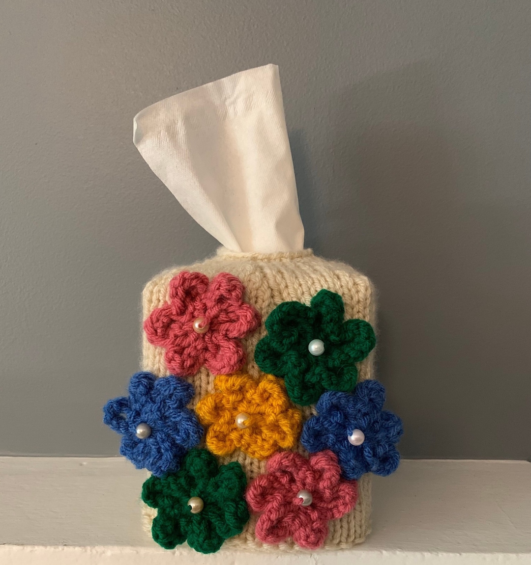 Knit Tissue Box Cover Multicolored Flowers Cube Box Etsy