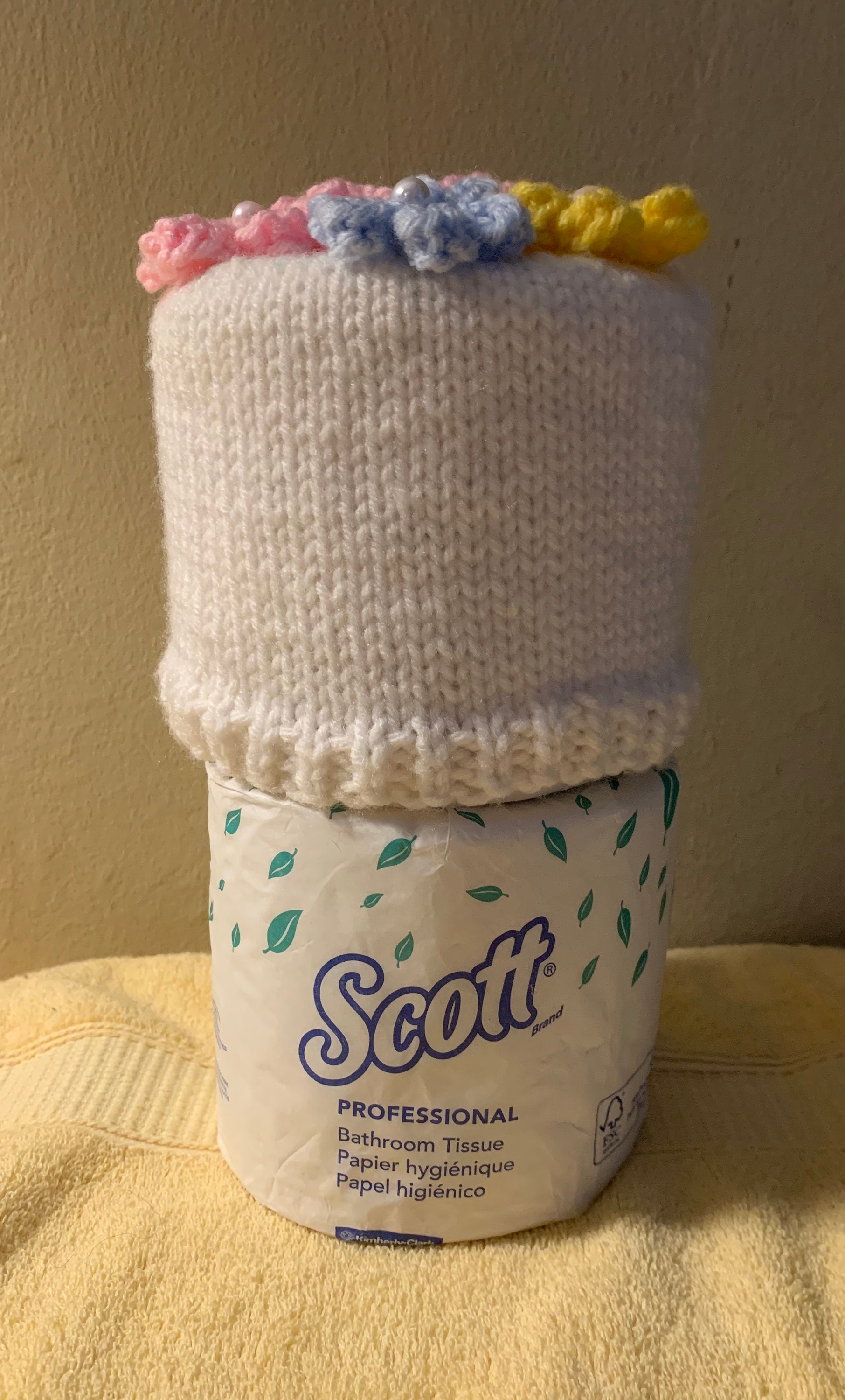 Knit Toilet Roll Cover Pastel Flowers on White Base Toilet Etsy
