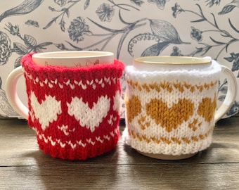 Knit Heart Coffee Cup Cozy Mug Sweater Tea Cup Cozy Red White Gold