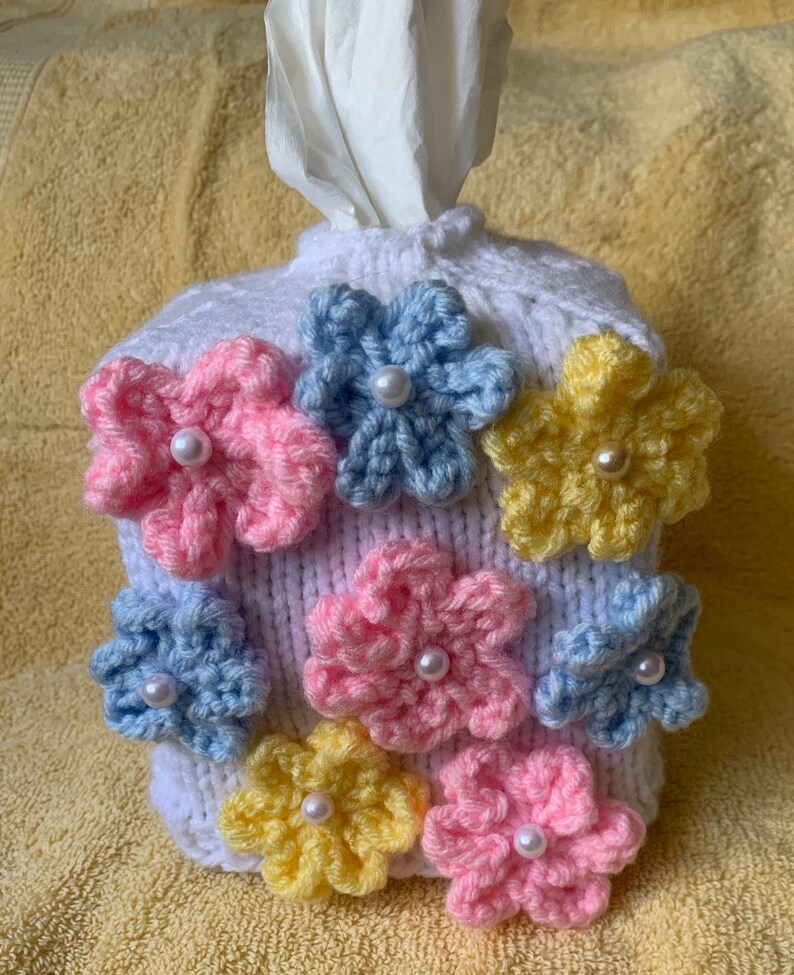 Knit Tissue Box Cover With Pastel Flowers on a White Base Etsy