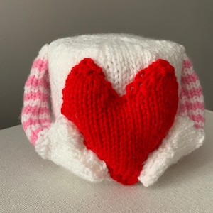 Valentines Day Toilet Paper Roll Cover Handknit Red Pink White Hands Holding Heart