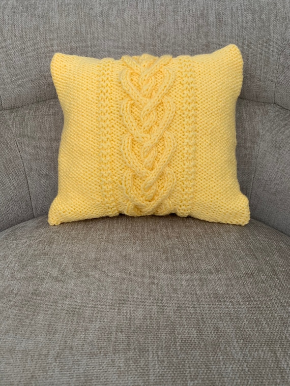 Knit 10” Square Yellow Accent Pillow Cover Cable
