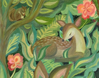 Print titled &#39;Deer Deep in the Forest&#39; - deer in nature painting, fawn with flower art, fawn in the forest