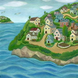 Giclee art print titled 'Island Town' - town art, island illustration art, house painting, house wall art