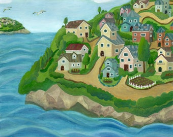 Island Town - town art, island illustration art, house painting, house wall art