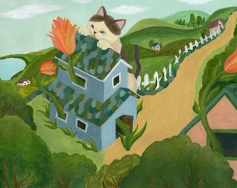May include: A white cat with black spots climbs on a blue and green house with a red flower growing out of the roof. The house is surrounded by green grass and a white picket fence.