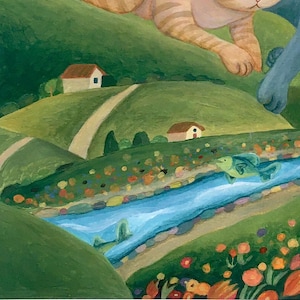 May include: A painting depicting a landscape with rolling green hills, two small houses, and a winding path. A blue river flows through the centre, containing a green fish. An orange tabby cat and a blue cat are visible in the upper portion.