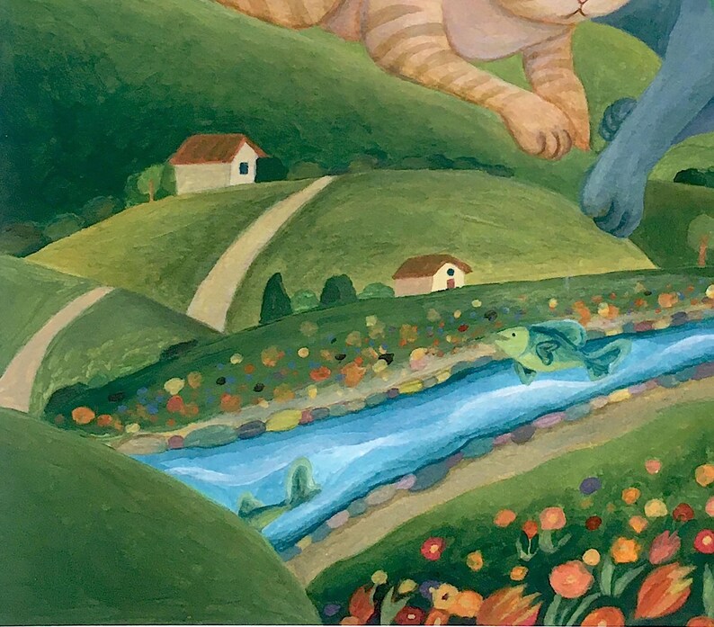 May include: A painting depicting a landscape with rolling green hills, two small houses, and a winding path. A blue river flows through the centre, containing a green fish. An orange tabby cat and a blue cat are visible in the upper portion.