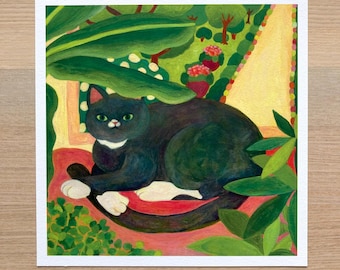 Stampa artistica Giclée intitolata 'Gatto che si rilassa a casa' - gatto a casa, gatto che si rilassa, arte con gatti e piante