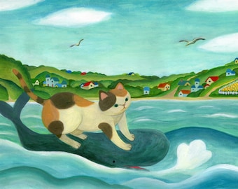 May include: A calico cat with brown, white, and orange fur rides on the back of a blue whale in a turquoise ocean. The whale is leaping out of the water with a white wave behind it. The background shows a green hillside with houses and a blue sky with white clouds.