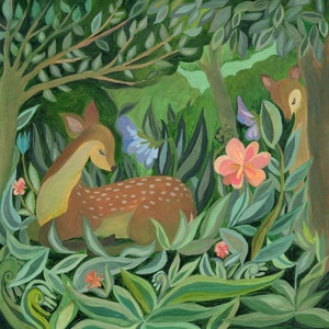 May include: A painting of a brown deer with white spots resting in a lush green forest. The scene includes a second deer partially visible behind a tree, surrounded by various green leaves, foliage, and colorful flowers in shades of pink and blue.