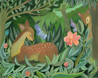 Peace in the Forest - Deer Wall Art, Woodland Animal Painting