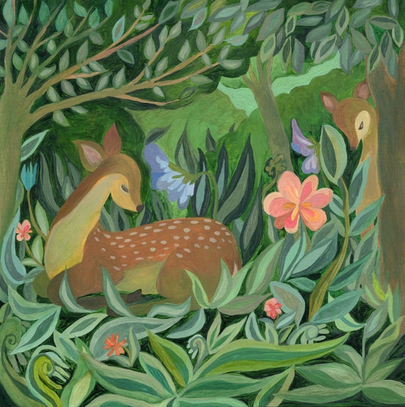 Peace in the Forest - deer art, deer painting, deer with flower