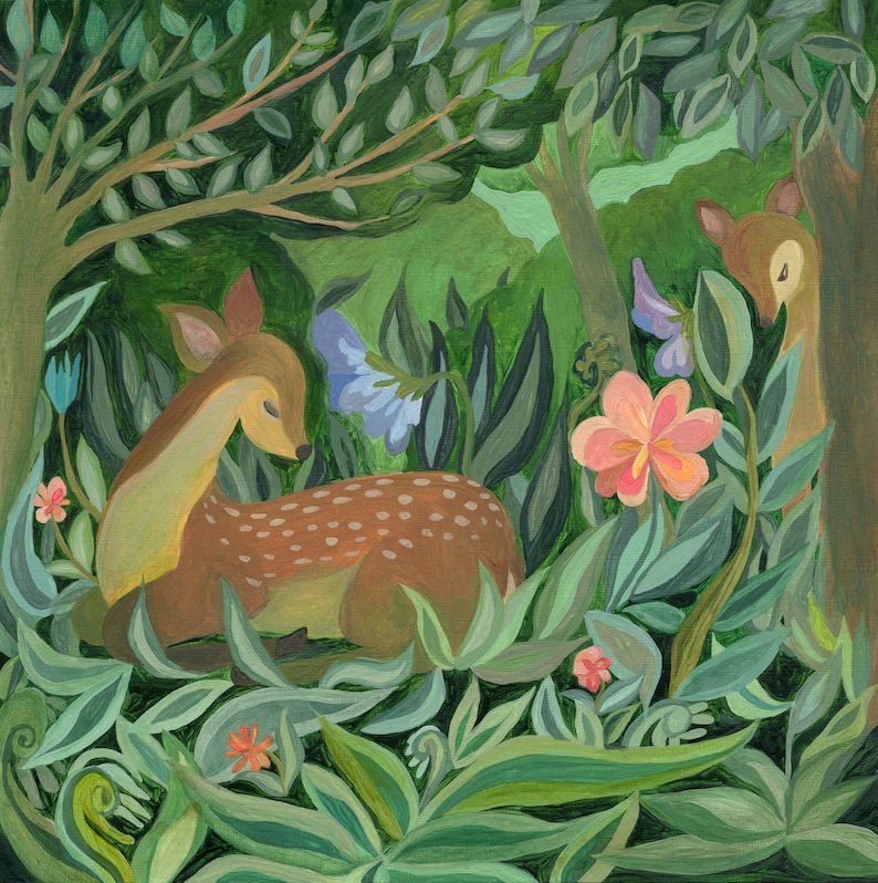 May include: A painting of a brown deer with white spots resting in a lush green forest. The scene includes a second deer partially visible behind a tree, surrounded by various green leaves, foliage, and colorful flowers in shades of pink and blue.