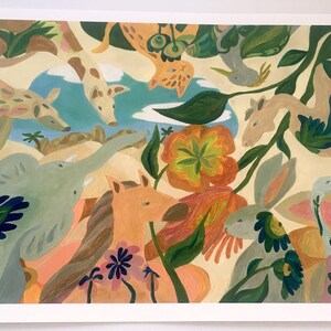 May include: A square art print featuring a painted scene of various animals including an elephant, a horse, a giraffe, and a rabbit surrounded by large orange and yellow flowers, green foliage, and a blue sky with white clouds in a flat style.