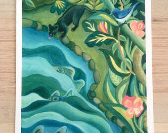 Black Panther at Riverside - black panther art, nature art, animals in the forest, bird, fish